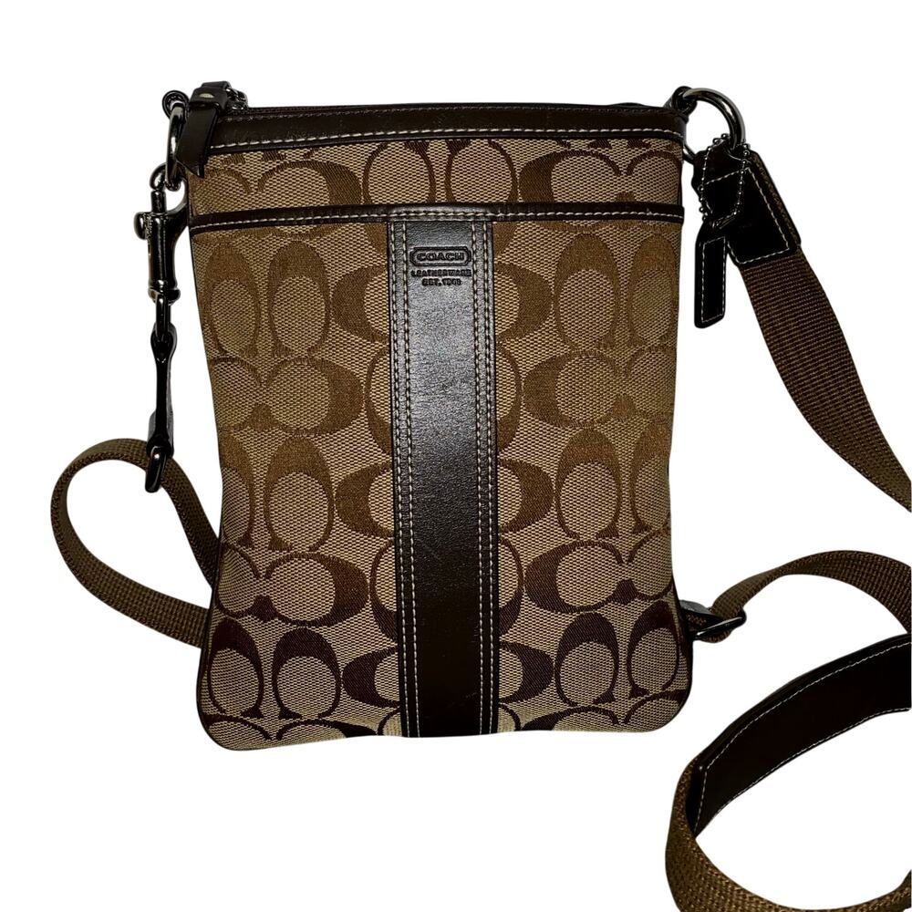 Vintage Coach Classic C Print Brown Leather Trim Crossbody Y2K Swingback Bag